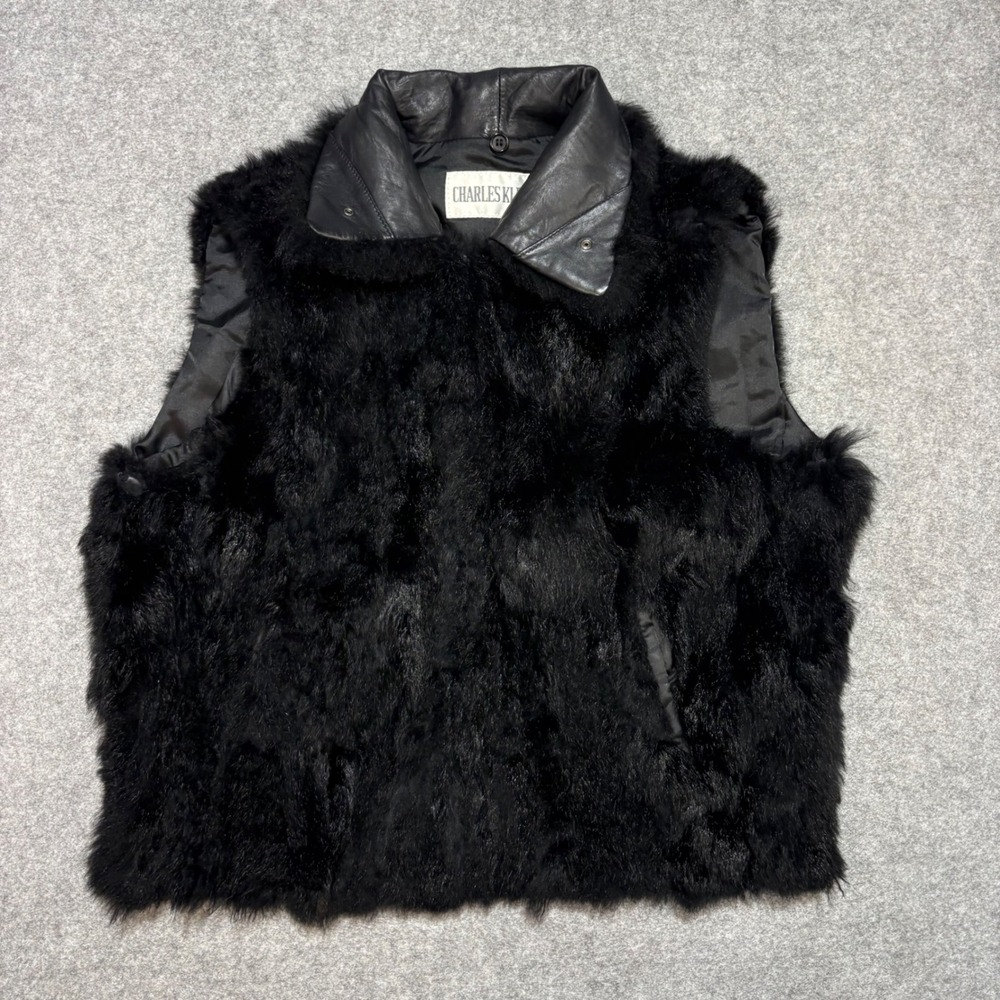 Charles Klein Black Faux Fur Vest with Faux Leather Collar Sleeveless Jacket